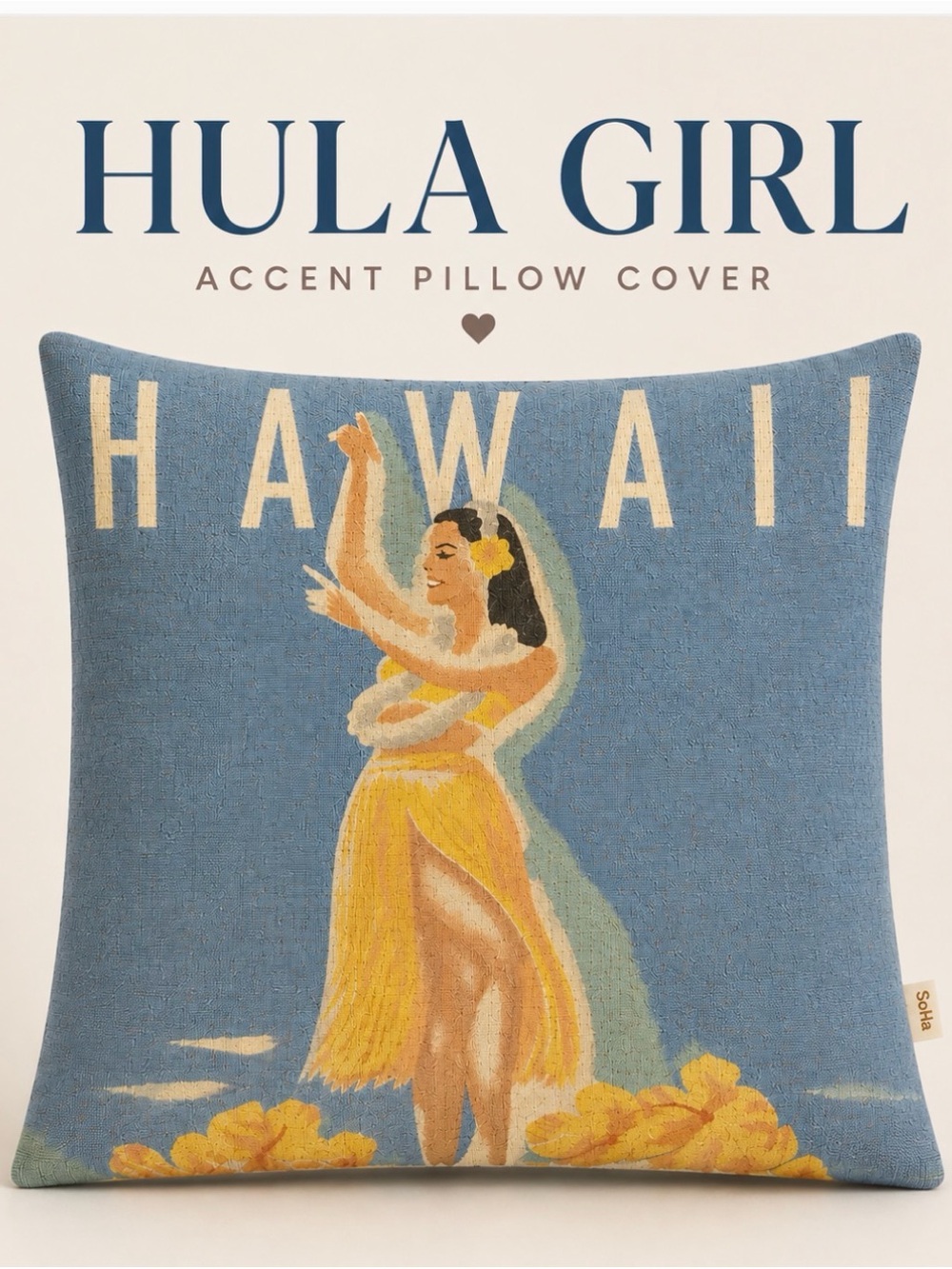 Hawaii Hula Girl Decorative Throw Pillow Cover - 17” Blue & Yellow